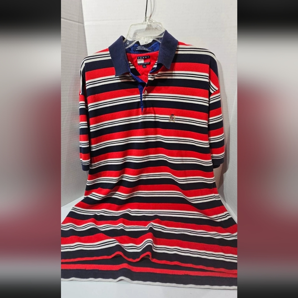 Vintage Tommy Hilfiger  Men XL Polo Shirt Short Sleeve Red White Blue Striped